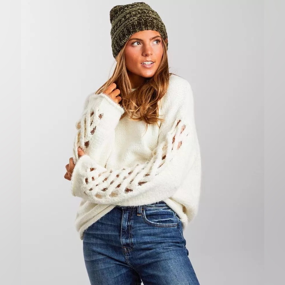 Angie Chenille Style Open Cable Knit Sleeve Sweater Gray/Cream NWOT! Size Large